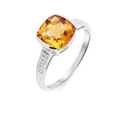 Bague Citrine Coussin 8mm et Diamant en Or Blanc 375