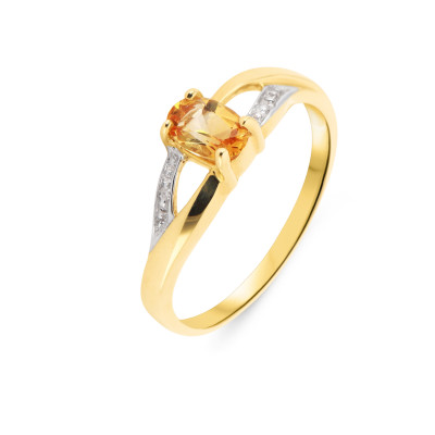 Bague Citrine Ovale 6x4mm et Diamant en Or Jaune 375