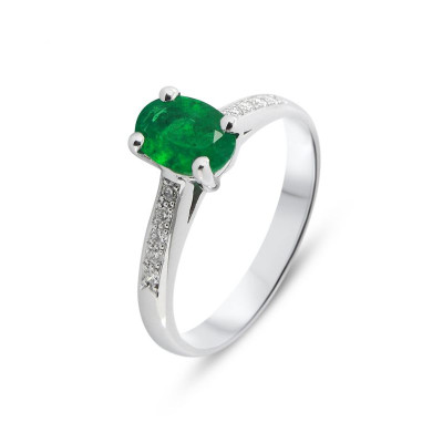 Bague de Fiançailles Or Blanc 750 Emeraude Ovale 7x5mm et Diamants