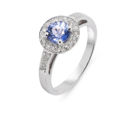 Bague Entourage Saphir de Ceylan et Diamant en Or Blanc 750