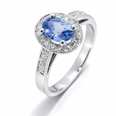 Bague Entourage Saphir de Ceylan et Diamant en Or Blanc 750