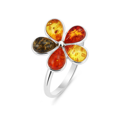Bague Fleur Argent Ambre Multicolore