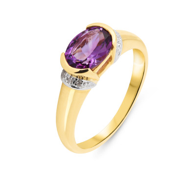 Bague Jonc Or Jaune 375 Améthyste Ovale 8x6mm et Diamant 