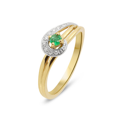 Bague Or 2 tons Emeraude Ronde 3mm et Diamants
