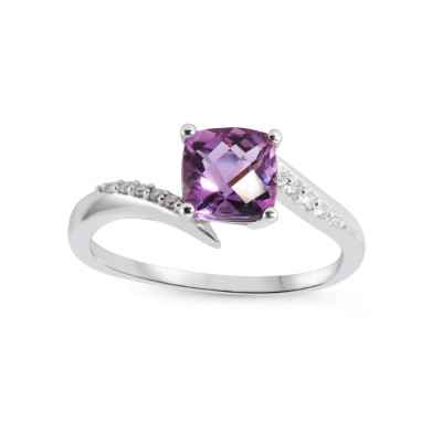 Bague Or Blanc 375 Améthyste Coussin 6x6mm et Diamant