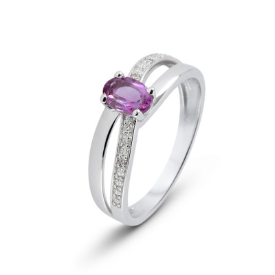 Bague Or Blanc 375 Améthyste Ovale 6x4mm et Diamant