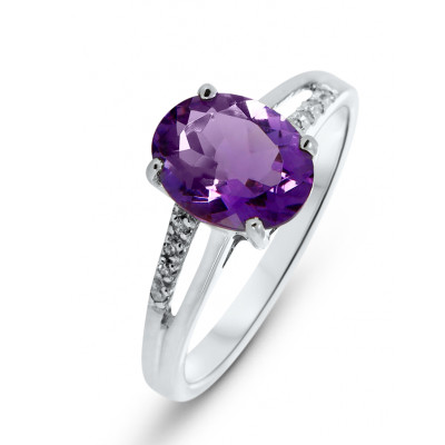 Bague Or blanc 375 Améthyste Ovale 9x7mm et Diamant
