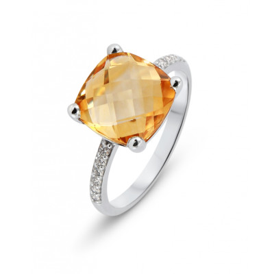 Bague Or Blanc 375 Citrine Coussin 10x10mm et Diamant