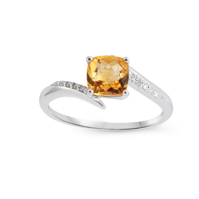 Bague Or Blanc 375 Citrine Coussin 6x6mm et Diamant