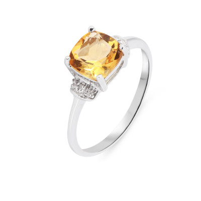 Bague Or Blanc 375 Citrine Coussin 7mm et Diamant