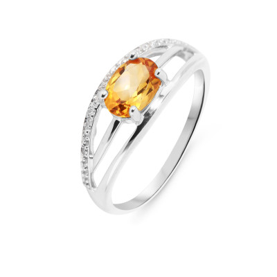 Bague Or Blanc 375 Citrine Ovale 7x5mm et Diamant