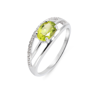 Bague Or Blanc 375 Péridot  Ovale 7x5mm et Diamant