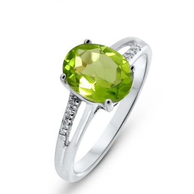 Bague Or blanc 375 Péridot Ovale 9x7mm et Diamant