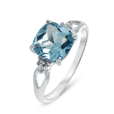 Bague Or blanc 375 Topaze Bleue Coussin 8x8mm et Diamant