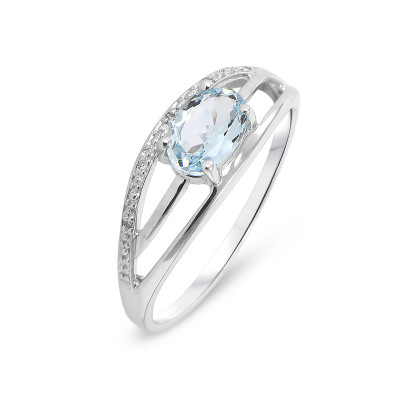 Bague Or Blanc 375 Topaze Bleue Ovale 7x5mm et Diamant