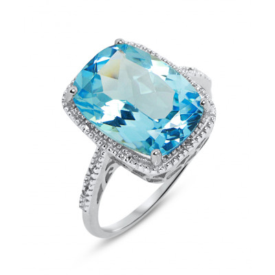 Bague Or blanc 375 Topaze Bleue traitée Coussin 14x10mm et Diamant