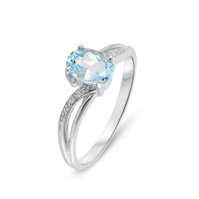 Bague Or blanc 375 Topaze Bleue traitée Ovale 7x5mm et Diamant