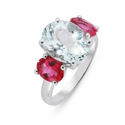 Bague Or Blanc 750 Aigue Marine et Tourmaline Rose