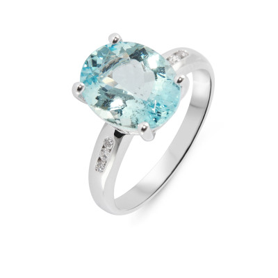 Bague Or blanc 750 Aigue Marine Ovale 11x9mm et Diamant