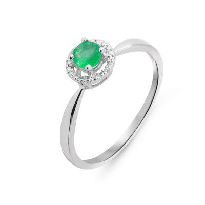 Bague Or Blanc 750 Emeraude Ronde 4mm et diamants