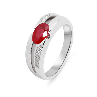 Bague Or Blanc 750 Rubis Ovale 7x5mm et diamants