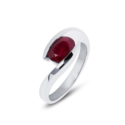 Bague Or Blanc 750 Rubis Ovale 8x6mm