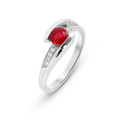 Bague Or Blanc 750 Rubis rond 5mm et diamants