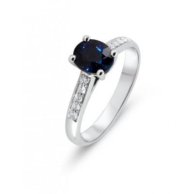 Bague Or Blanc 750 Saphir Bleu Royal Ovale 7x5mm AAA et diamants