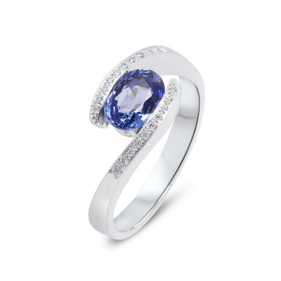Bague Or Blanc 750 Saphir Ceylan Ovale 7x5mm et Diamant