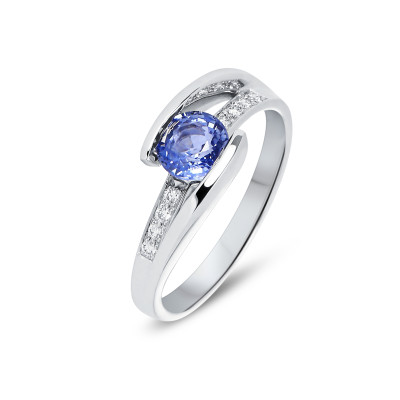 Bague Or Blanc 750 Saphir de Ceylan Rond 5mm et Diamant