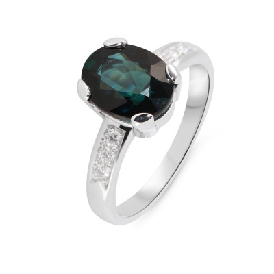 Bague Or Blanc 750 Saphir Ovale 10x8mm et diamant