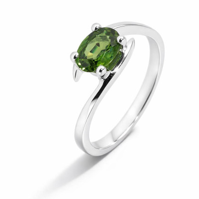 Bague Or Blanc 750 Saphir Vert Ovale 7x5mm