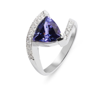 Bague Or Blanc 750 Tanzanite AAA Trillion 8.5mm et Diamants