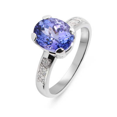 Bague Or Blanc 750 Tanzanite ovale 10x8mm et diamants
