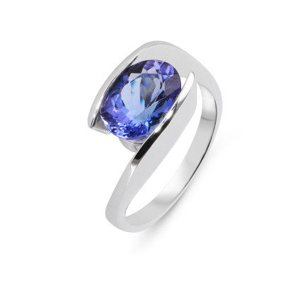 Bague Or Blanc 750 Tanzanite Ovale 10x8mm