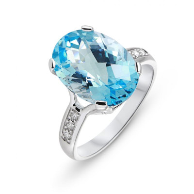 Bague Or Blanc 750 Topaze Bleue traitée 14x10mm et Diamant