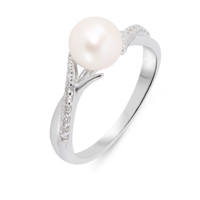 Bague Or Blanc Perle de culture 7mm et Diamants