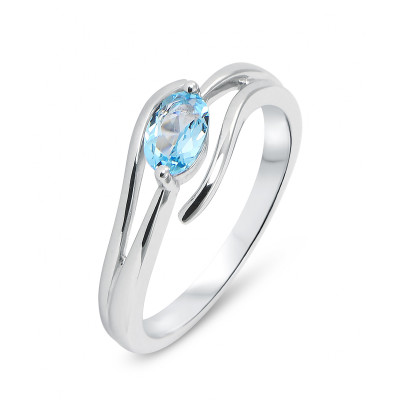 Bague Or Blanc Topaze Bleue Traitée Ovale 6x4mm