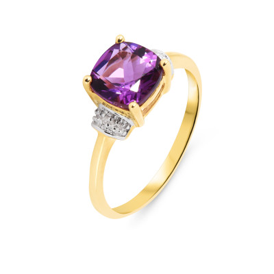 Bague Or Jaune 375 Améthyste Coussin 7mm et Diamant