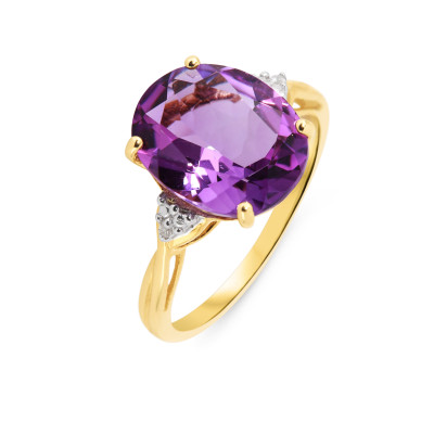 Bague Or jaune 375 Améthyste Ovale 12x10mm et Diamant