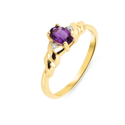 Bague Or Jaune 375 Améthyste Ovale 6x4mm et Diamant