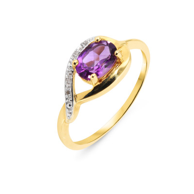 Bague Or Jaune 375 Améthyste Ovale 7x5mm et Diamant