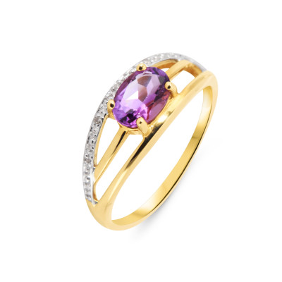 Bague Or Jaune 375 Améthyste Ovale 7x5mm et Diamant