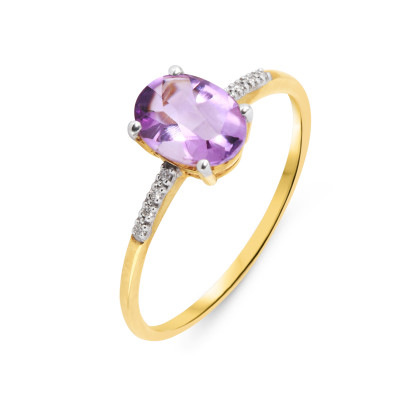 Bague Or Jaune 375 Améthyste Ovale 8x6mm et Diamant
