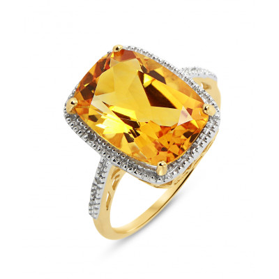 Bague Or jaune 375 Citrine Coussin 14x10mm et Diamant