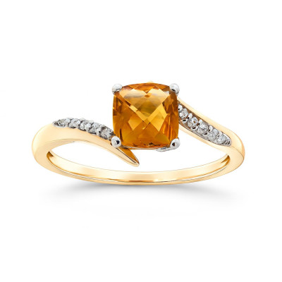 Bague Or Jaune 375 Citrine Coussin 6x6mm et Diamant