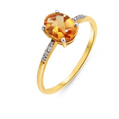 Bague Or Jaune 375 Citrine Ovale 8x6mm et Diamant