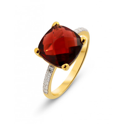 Bague Or Jaune 375 Grenat Coussin 10x10mm et Diamant