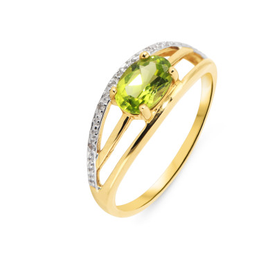 Bague Or Jaune 375 Péridot  Ovale 7x5mm et Diamant