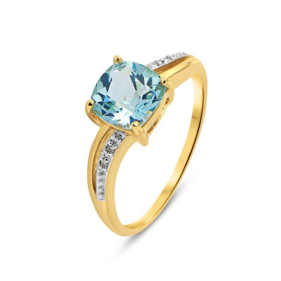 Bague Or jaune 375 Topaze Bleue traitée Coussin 7x7mm et Diamant